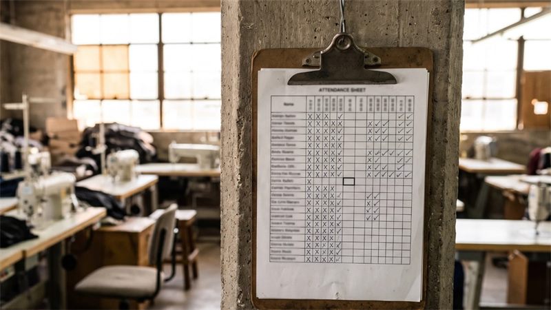 A printed attendance sheet of ticks and crosses on a clipboard hanging from a concrete pillar in a garment sewing unit, with sewing machines and an empty chair blurred behind