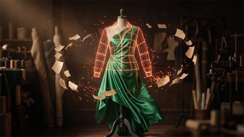 A dress form wrapped in a glowing pattern grid