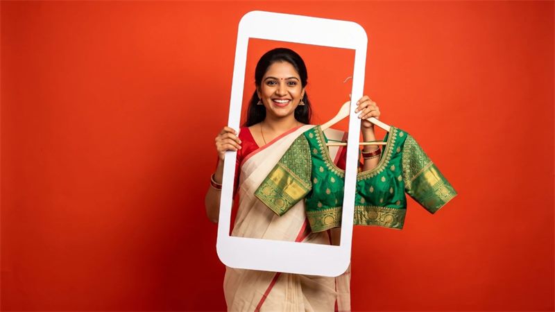 A smiling boutique owner in a cream saree holds a phone-shaped frame and a green silk blouse against an orange-red wall
