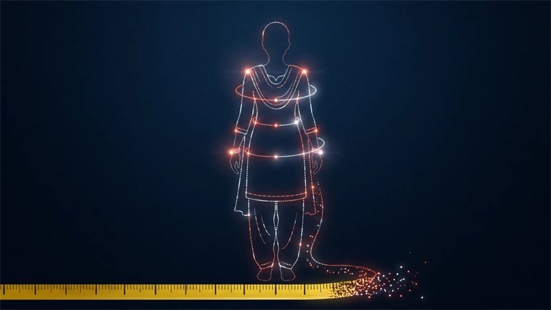 A glowing outline of a woman in salwar kameez with light rings marking her measurements