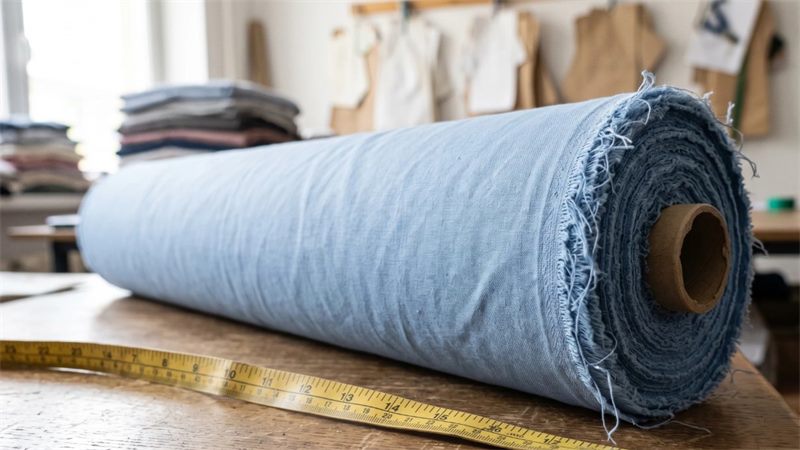 A roll of light-blue cotton fabric on a wooden cutting table with a yellow measuring tape in front of it, and a workshop with pattern pieces and stacked fabric behind