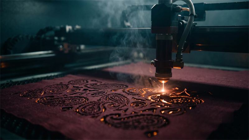 A laser cutting a paisley pattern into maroon fabric