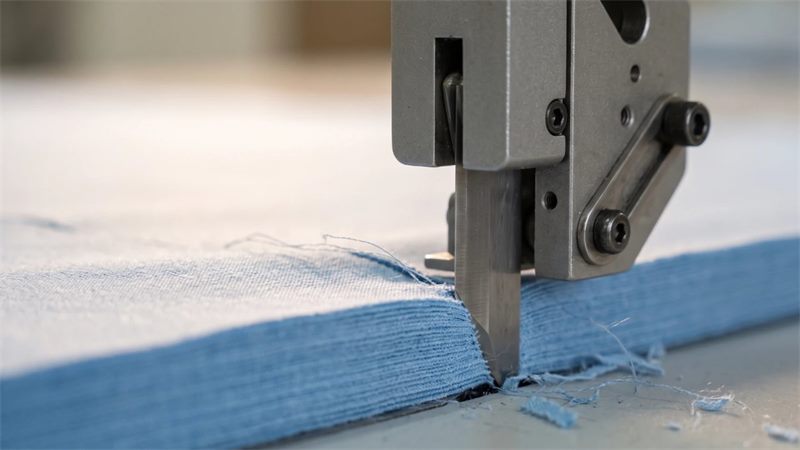 Close-up of an industrial cutting machine blade slicing cleanly through a thick stack of blue cotton fabric on a grey cutting table