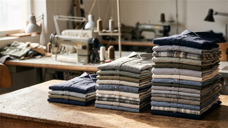 Three stacks of folded cotton shirts of different heights on a worn wooden worktable in a sunlit sewing workshop, with industrial sewing machines and spools of thread behind