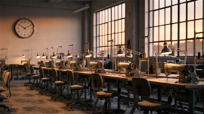 An empty garment sewing unit at dusk, two rows of industrial sewing machines with desk lamps still lit, empty chairs, a wall clock and tall windows glowing orange