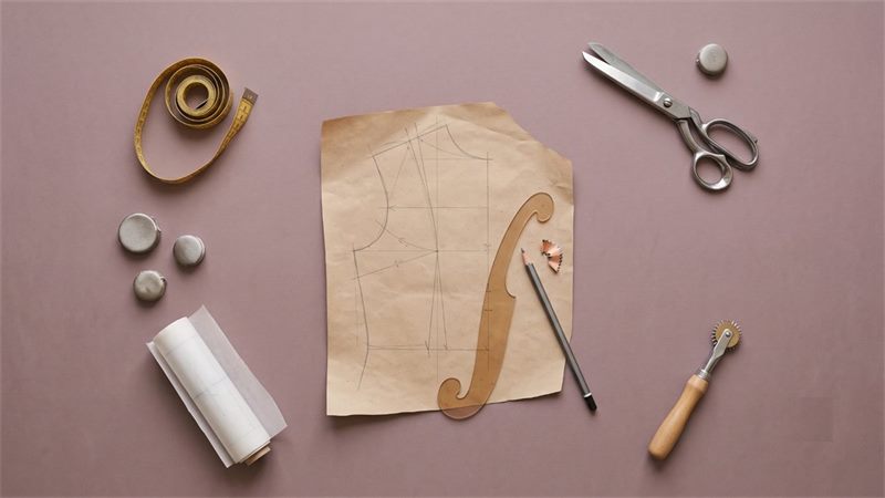 A half-drawn garment pattern on kraft paper with a curved ruler and pencil, surrounded by a measuring tape, scissors, pattern weights, a roll of pattern paper and a tracing wheel on a mauve background