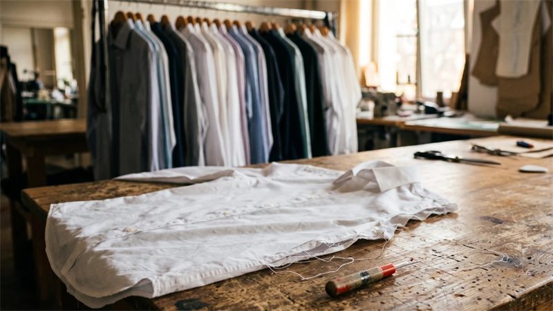 A white cotton shirt laid on a worn wooden table with loose threads at one seam and a seam ripper beside it, with a rack of finished shirts and a sunlit workshop behind