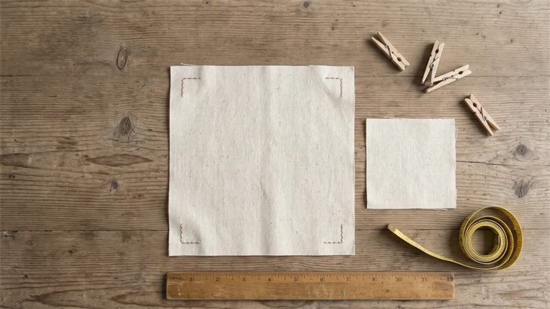 A square cotton swatch with stitched corner marks beside a clearly smaller square swatch on a wooden table, with a wooden ruler, a coiled yellow measuring tape and four clothes pegs