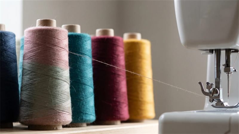 A row of large cones of sewing thread in navy, pink and grey, teal, maroon and mustard on a wooden shelf, with one thread running across to the needle of a white sewing machine