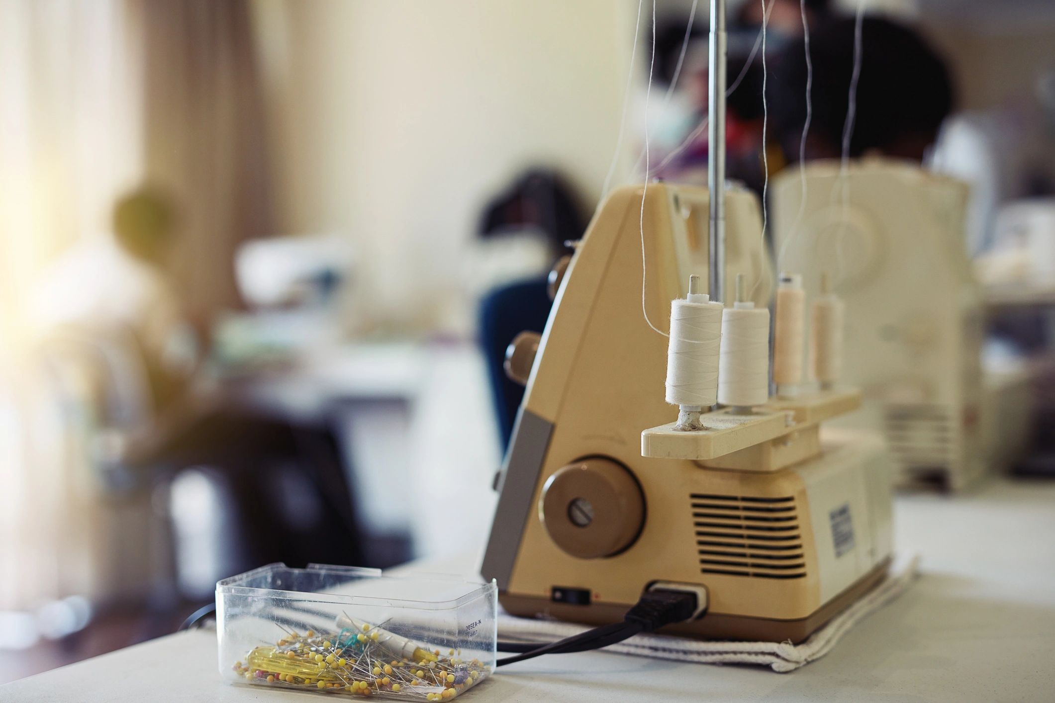 Close-up of a sewing machine in a workshop